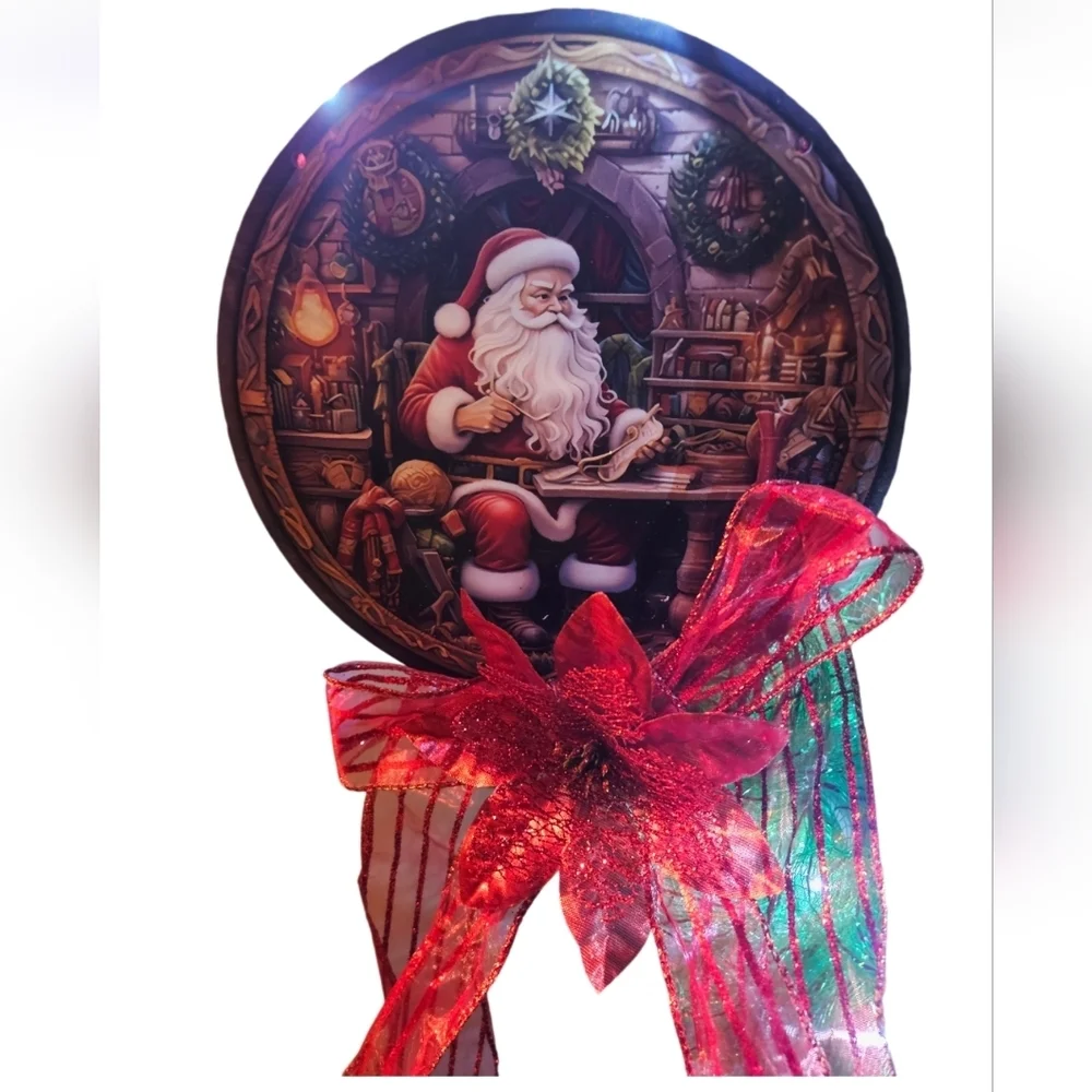 Hand Crafted GreenHandmade Holiday Wreath Santa's Wall Door decor String Lights